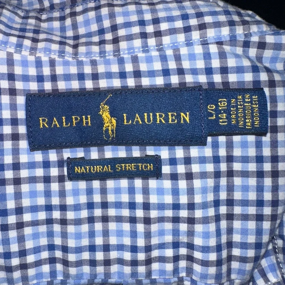 Ralph Lauren Button Down Shirt Natural‎ Stretch Checkered Plaid L (14-16)